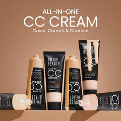 Swiss Beauty CC cream tubes with caramel-beige swatches arranged in a row