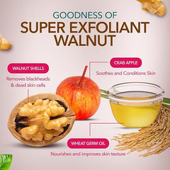 Face scrub tube with ingredient infographic featuring walnut shells, crab apple, wheat germ oil
