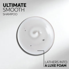 Smoothing shampoo luxe foam lather graphic with a white foam circle