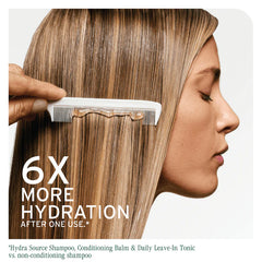 Hair detangling solution use: hand combs blonde hair with a white detangling comb