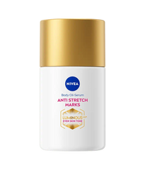 Anti-stretch marks body oil-serum bottle with gold cap and Nivea logo on white label