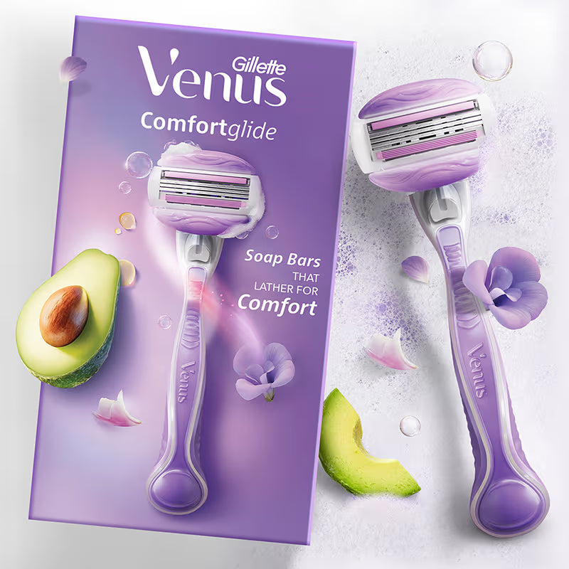 Women’s Venus Comfortglide razor with purple handle and triple blades