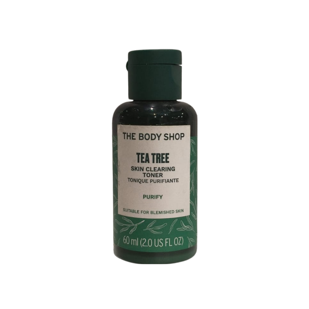 The Body Shop tea tree skin clearing toner bottle, dark green with label, 60 ml