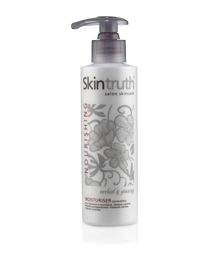 Nourishing moisturiser pump bottle with Skintruth label and floral design, white