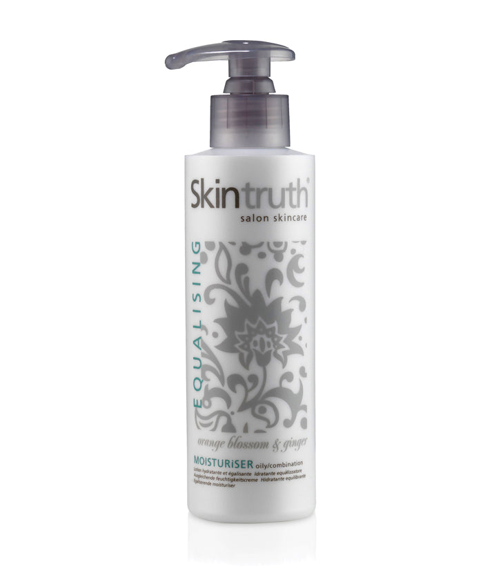 Skintruth moisturiser bottle with pump dispenser, white and silver label