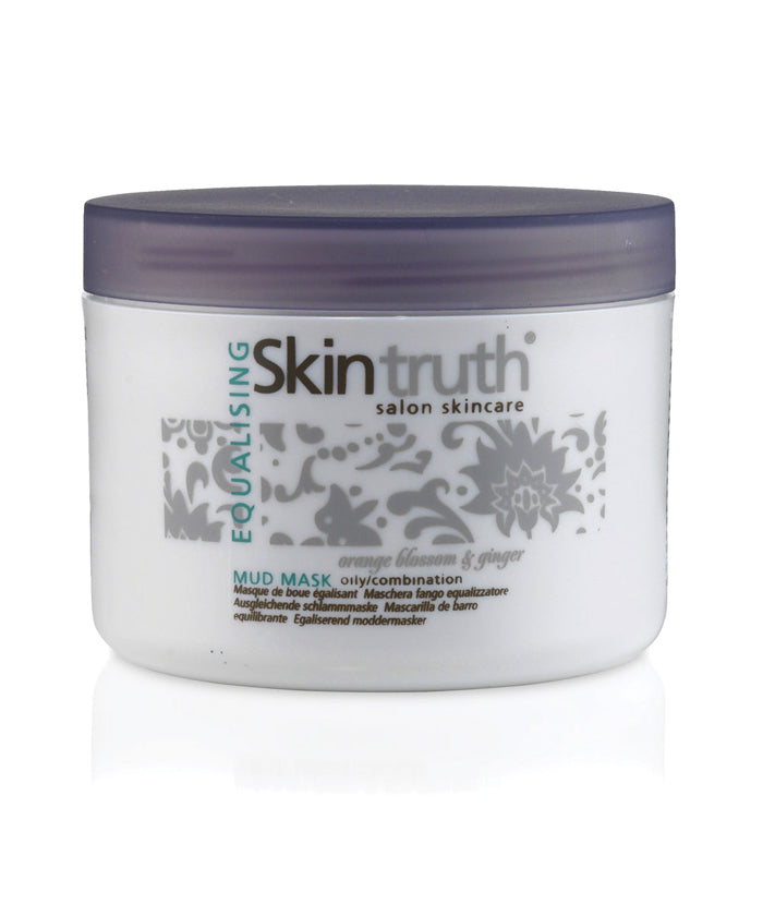 Skintruth Equalising Mud Mask jar, white tub with dark purple lid