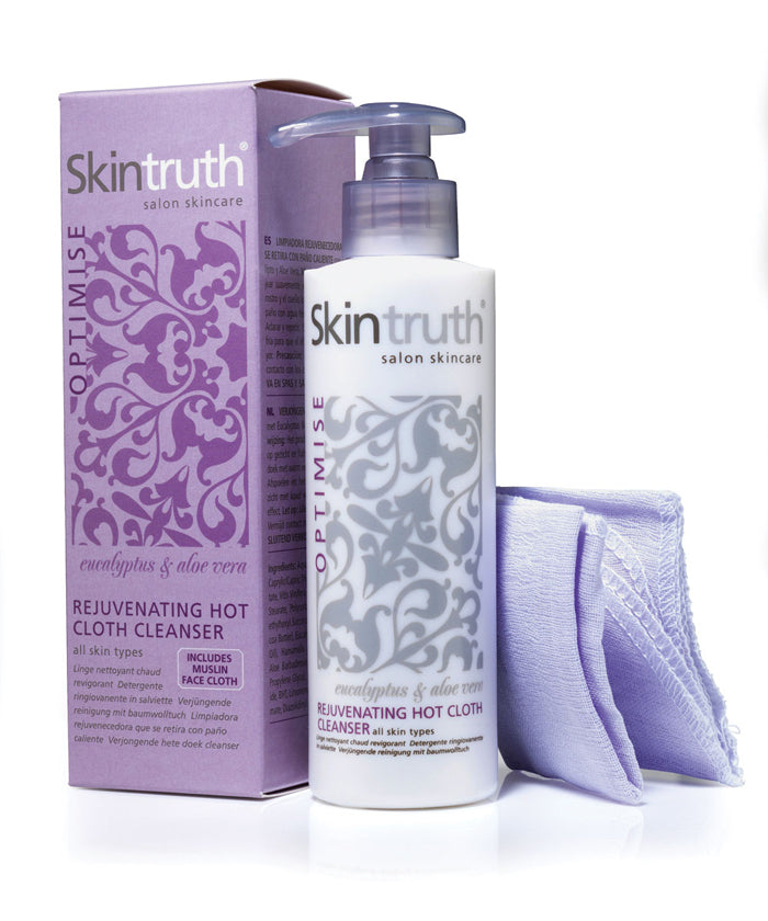 Skintruth hot cloth cleanser with pump bottle, purple box, and folded muslin face cloth