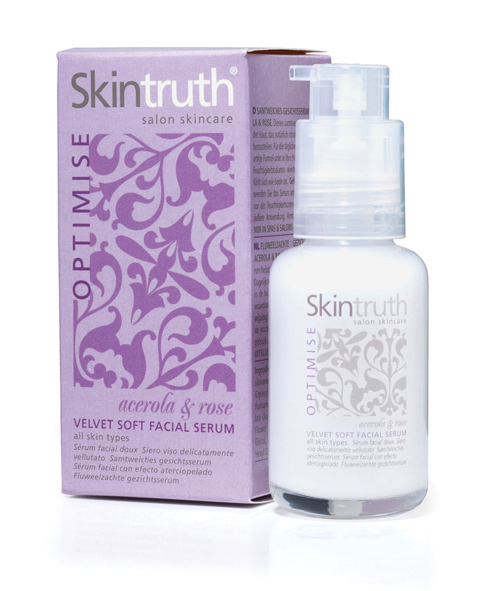 Skintruth Velvet Soft facial serum bottle with purple floral box, 50 ml