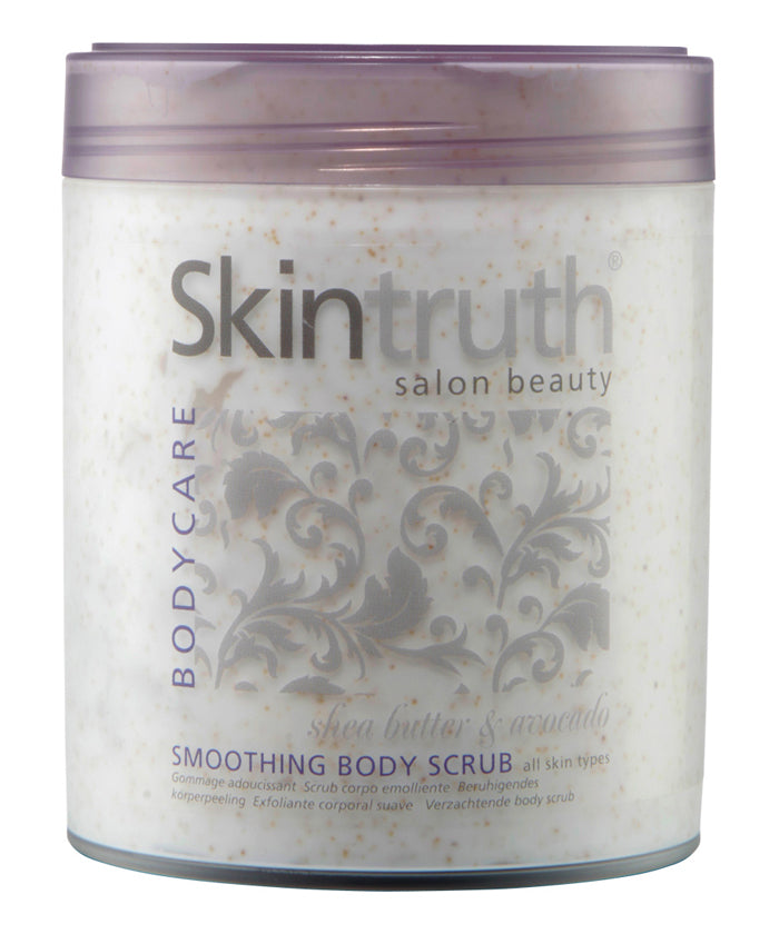 Skintruth smoothing body scrub jar, translucent cream with purple lid