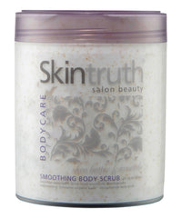 Skintruth smoothing body scrub jar, translucent cream with purple lid