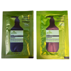 Angel Verbena Oil Control shampoo and conditioner sachets, green foil packets