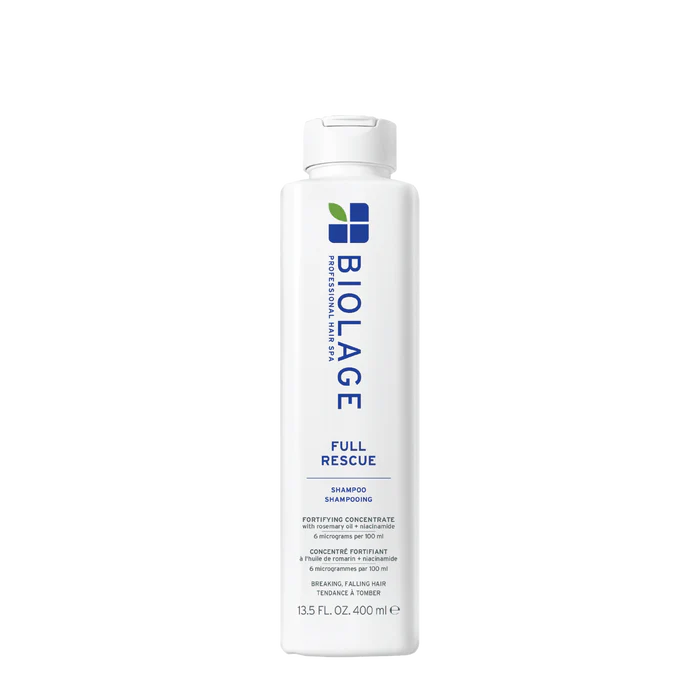 Biolage Full Rescue Shampoo bottle, white with blue and green label