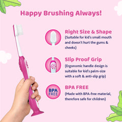 Pink kids toothbrush with ergonomic anti-slip handle design