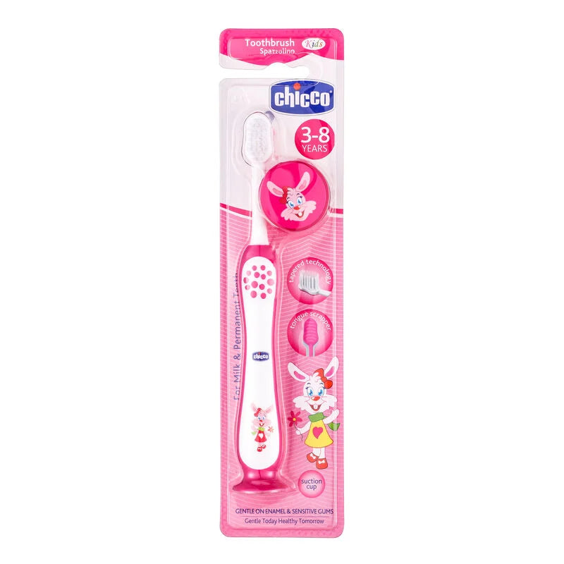 Kids toothbrush in pink handle with bunny graphic, in retail blister packaging