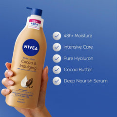 NIVEA Cocoa & Indulging body lotion bottle held in hand, with care icons
