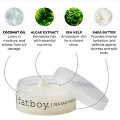 Fatboy Sea Salt Pomade jar with open lid and cream pomade scoop
