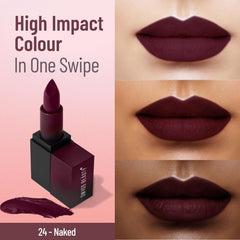 Swiss Beauty HD Matte Lipstick dark maroon on lips, with lipstick and smear