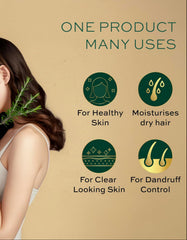 Tea tree essential oil benefits icons with text for healthy skin and dandruff control