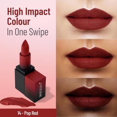 Pop Red shade No.14 matte lipstick with red lip swatches