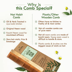 Oil-treated neem wood comb with wide teeth and printed neem comb label