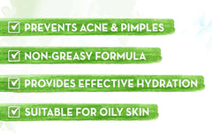 Skincare claim text on green bars: prevents acne & pimples, non-greasy formula