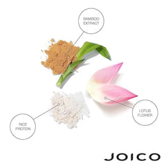 Joico Joifull shampoo ingredient infographic: bamboo extract, lotus flower, rice protein