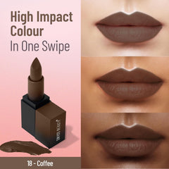 HD matte lipstick in coffee-brown with lip swatches showing a matte finish