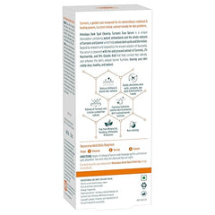 Turmeric face serum product box back panel with ingredient and usage details.