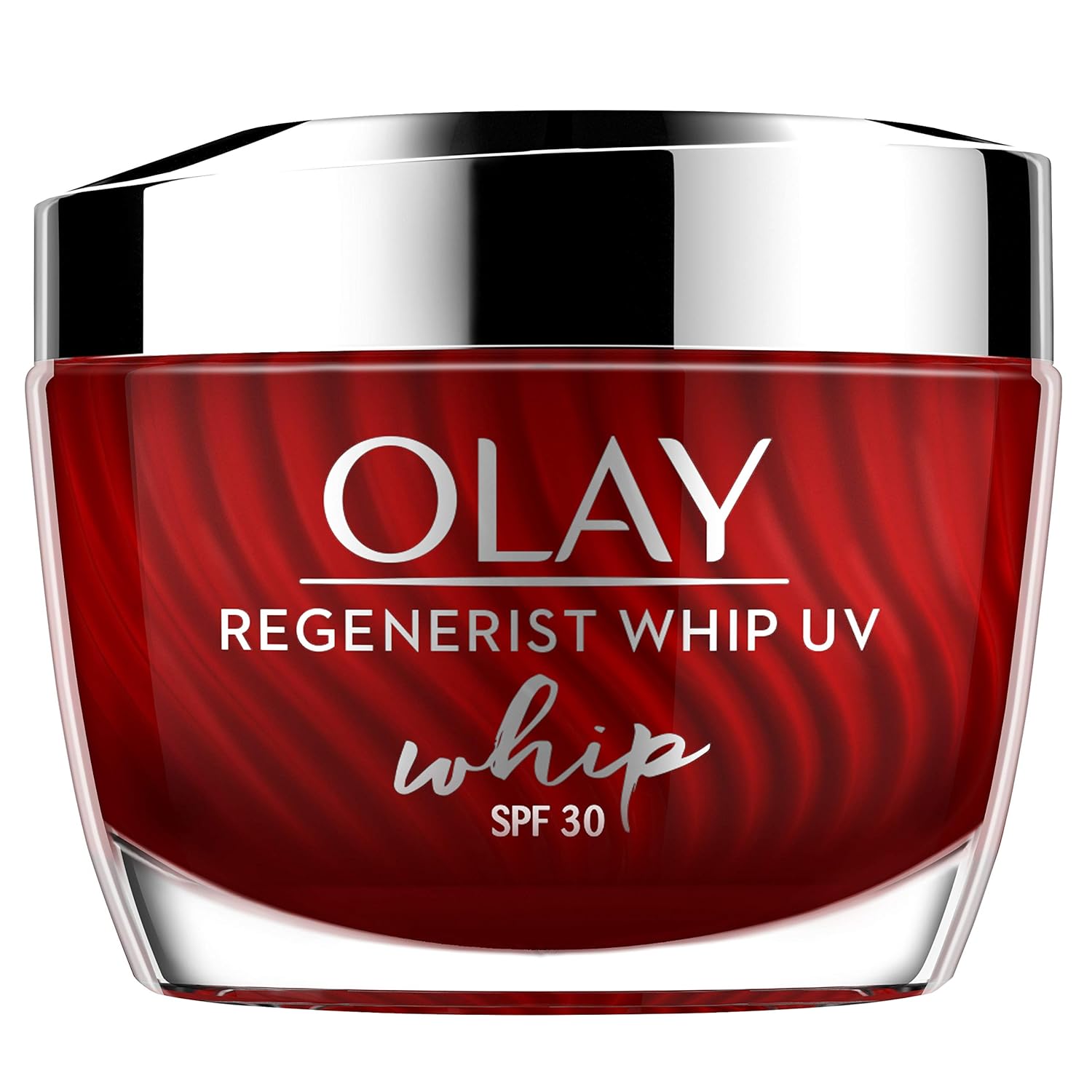 Olay Regenerist Whip UV SPF 30 cream jar with red container and silver lid
