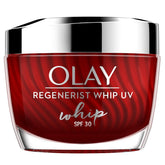 Olay Regenerist Whip UV SPF 30 cream jar with red container and silver lid