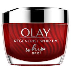 Olay Regenerist Whip UV SPF 30 cream jar with red container and silver lid
