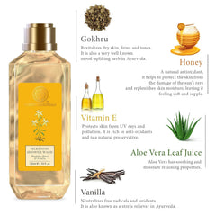 Forest Essentials silkening shower wash bottle with ingredient icons and yellow honey-vanilla label