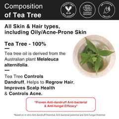 Tea tree essential oil composition graphic with bowl of green tea tree leaves