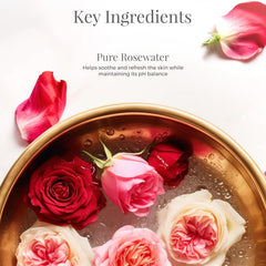 Facial tonic mist bottle with gold cap and pink Pure Rosewater label