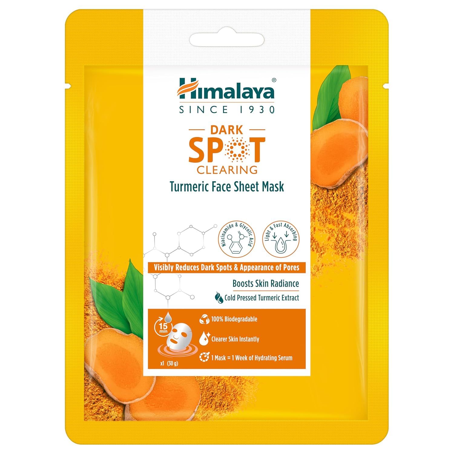 Himalaya turmeric face sheet mask pouch, yellow with Dark Spot Clearing label