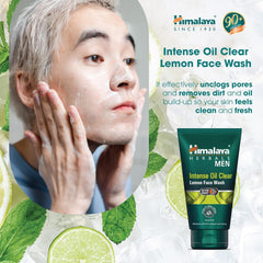 Lemon face wash tube with Himalaya Herbs for Men label, shown with man applying