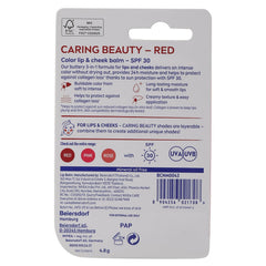 Nivea Caring Beauty SPF 30 lip & cheek tint balm, back label for 4.8 g