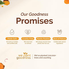 Goodness promises infographic: made safe, cruelty-free, plastic positive, best of nature