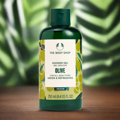 The Body Shop olive shower gel bottle, green 250 ml, flip-top cap