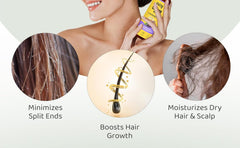 Hair oil being applied near the scalp beside circular care icons