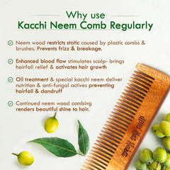 Wooden neem comb with fine teeth, shown with neem leaves and small fruit.