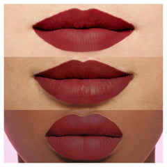 Three matte lip lipstick swatches on lips in berry and mauve tones