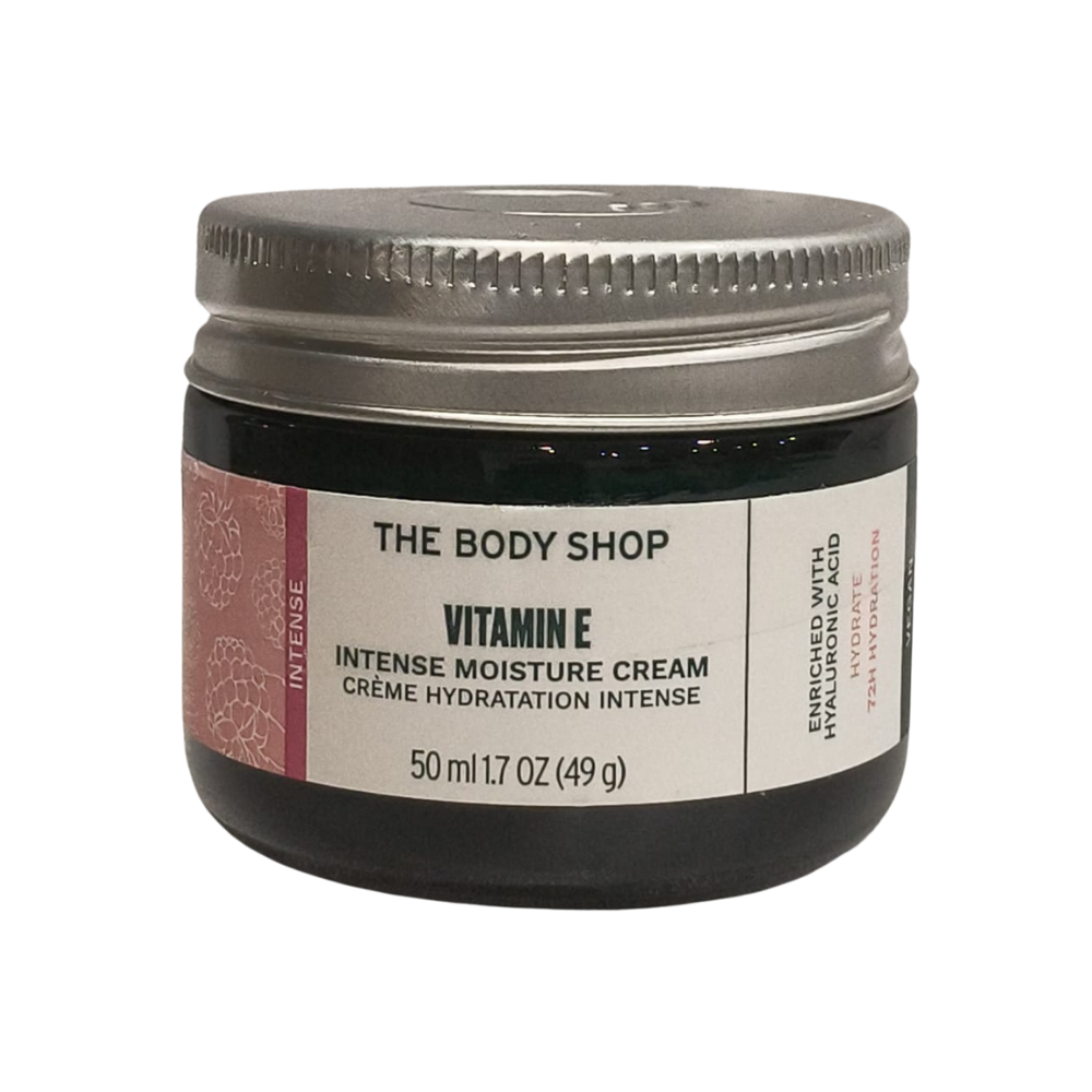 The Body Shop Vitamin E intense moisture cream jar, 50 ml, black lid and label