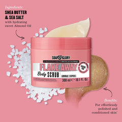 Soap & Glory Flake Away body scrub jar, pink, with white exfoliating flakes