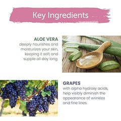 Anti-wrinkle cream key ingredients panel with aloe vera and grapes