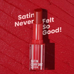 Satin Comfort lipstick in a deep red shade, glossy satin finish