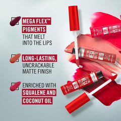 Deep fuchsia matte lip color bottle with applicator, plus glossy swipe