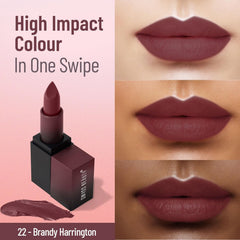 Matte lipstick shade 22 Brandy Harrington with three lip swatches, dark berry-brown
