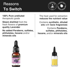 Lavender essential oil bottles, black droppers with amber and lavender-toned labels