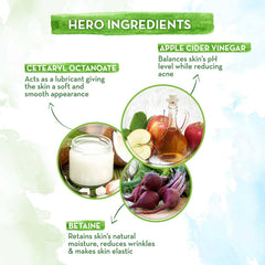 Hero ingredients infographic featuring apple cider vinegar, cetearyl octanoate, betaine